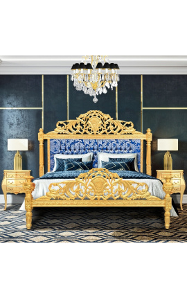 Baroková posteľ modrá "Kobule" saténová tkanina a zlaté drevo