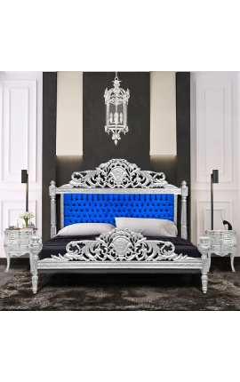 Baroková posteľ z modrej sametovej tkaniny a strieborného dreva