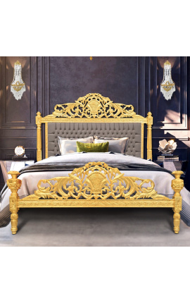 Barokový bed taupe sametový materiál a zlaté drevo