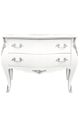 Comò barocco di stile Louis XV, bianco con 2 cassetti, bronzo argento