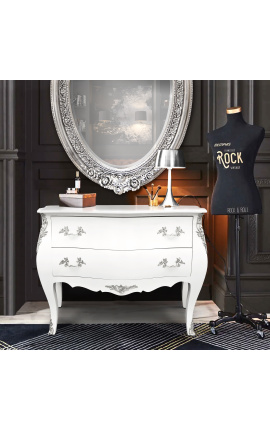 Comò barocco di stile Louis XV, bianco con 2 cassetti, bronzo argento