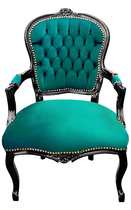 Sillón barroco de estilo Louis XV terciopelo verde y madera negra brillante