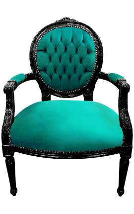 Sillón barroco Luís XVI medallón estilo terciopelo verde y madera negra brillante