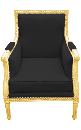 Large Bergère armchair Louis XVI style black velvet and gilded wood