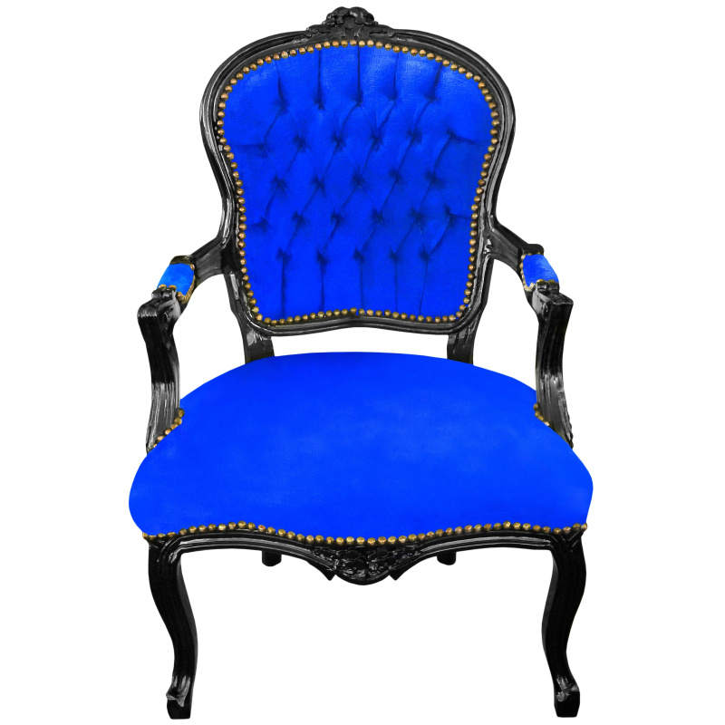 Monetair Heerlijk letterlijk Barokke Louis XV fauteuil in blauw fluweel en zwart hout