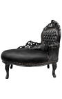 Barok chaise longue zwart kunstleer met strass steentjes en zwart hout