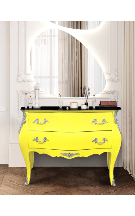 Commode baroque de style Louis XV jaune fluo et plateau noir avec 2 tiroirs