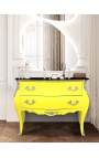 Commode baroque de style Louis XV jaune fluo et plateau noir avec 2 tiroirs