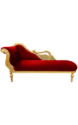 Grande chaise longue barocca con tessuto in velluto bordeaux cigno e legno dorato