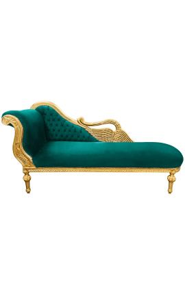 Chaise longue grande collar de cisne barroco de tela de terciopelo verde y madera dorada