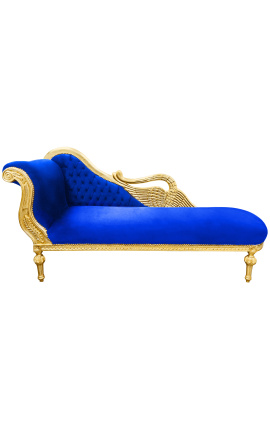 Große barocke Chaiselongue mit einem schwanblauen Samtstoff und Goldholz