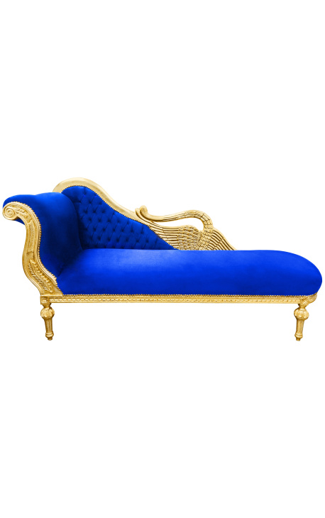 Große barocke Chaiselongue mit schwanenblauem Samtstoff und goldenem Holz