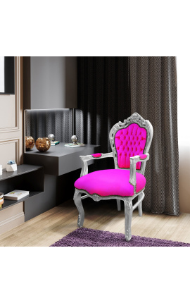 Fauteuil de style Baroque Rococo tissu velours rose fuchsia et bois argenté