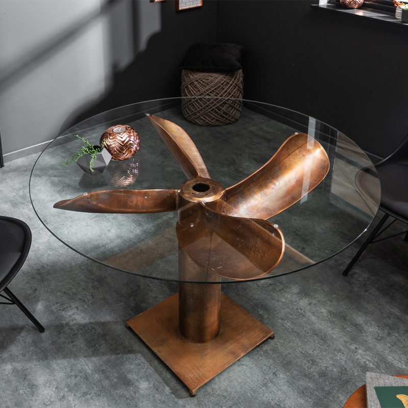 copper and glass dining table