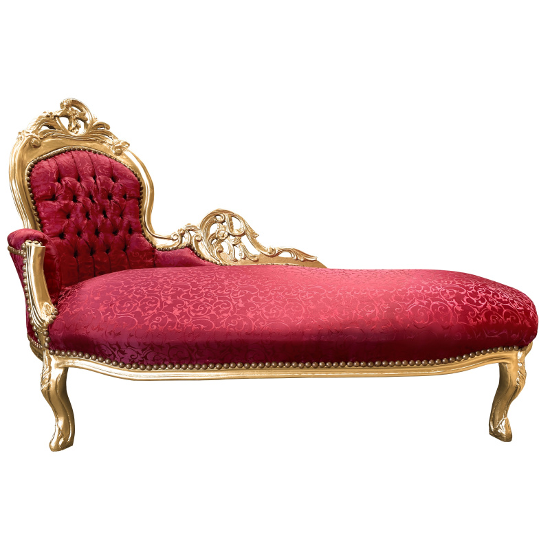 Identiteit Leeds Handschrift Large baroque chaise longue red satine fabric and gold wood