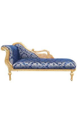 Large baroque chaise longue with a swan blue "Gobelins" fabric and gold wood