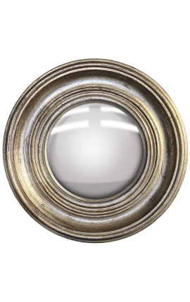 Round convex mirror called "witch's mirror" with patinated silver frame