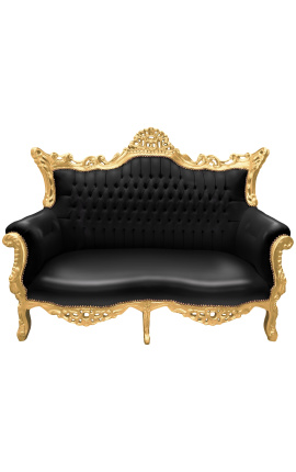 Barokový rokoko dvojmiestny gauč s čiernou kožou a zlatým drevom