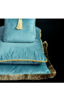 Čtvercový polštářek z baby blue sametu se zlatými třásněmi 45 x 45