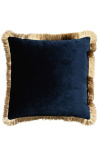 Coussin carré en velours bleu marine avec galon à franges dorées 45 x 45