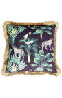 Coussin carré en velours imprimé jungle panthère avec galon à franges dorées 45 x 45