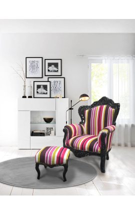 Grande poltrona in stile barocco con strisce multicolori e legno nero