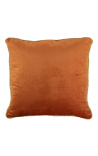 Square cushion in orange color velvet with golden twirled trim 45 x 45