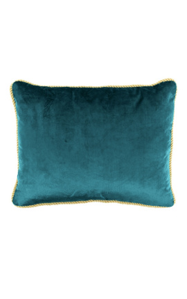 Rectangular cushion in blue petrol color velvet with golden twirled trim 35 x 45