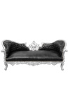 Canapé baroque Napoléon III médaillon simili cuir noir et bois argent