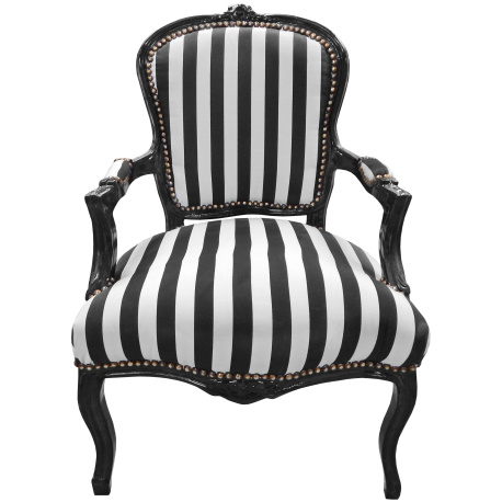 Baroque armchair of Louis XV style stripped black and white fabric and black  lacquered wood