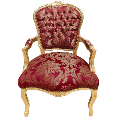 Baroque armchair Louis XVI red fabric Gobelins pattern and gold wood