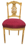 Harp chair with red satin fabric and gilded wood