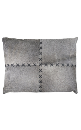 Rectangular cushion in gray cowhide with cross stiches 45 x 35