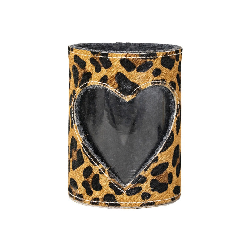 Porta tealight in pelle bovina con cuore stampa leopardo taglia L