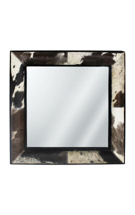 Espelho quadrado com genuíno couro preto e branco
