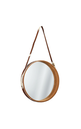 Rundt hængende spejl med ægte okselæder brun og hvid
