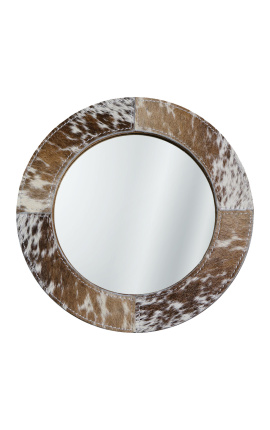 Apaļā galda spogulis ar īstu brūnu un baltu govs ādu