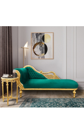 Large baroque chaise longue with a swan green velvet fabric and gold wood