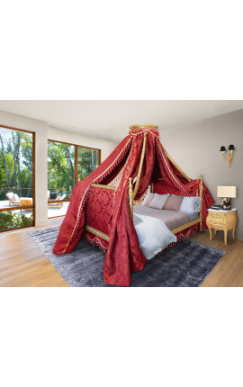Baroková baldachínová posteľ so zlatým drevom a červenou "Kobule" saténová tkanina