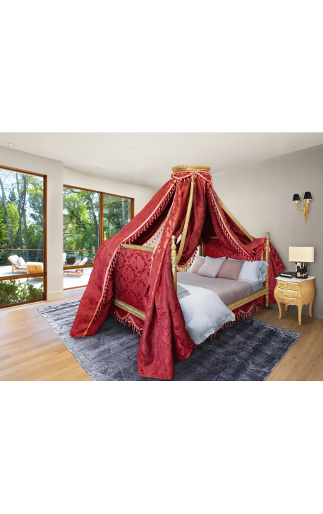 Cama de dossel Royal Baroque em tecido "Gobelins" vermelho e madeira dourada