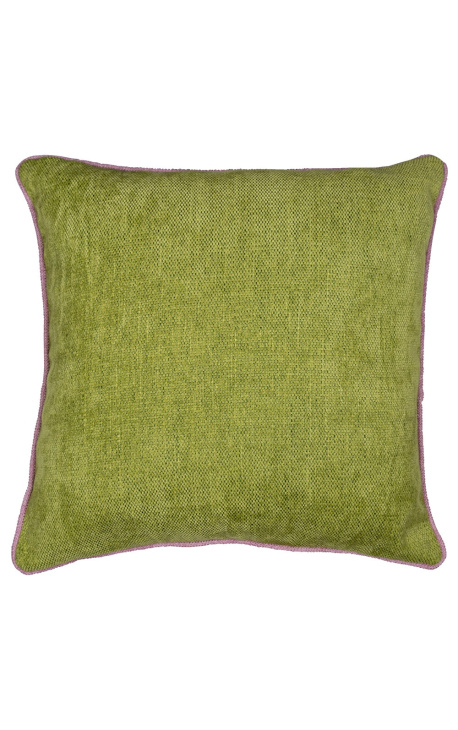 Vierkant kussen in groen fluweel met roze gedraaid vlechtwerk 45 x 45