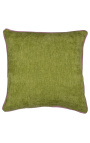 Coussin carré en velours couleur vert avec galon torsadé rose 45 x 45