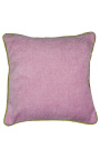 Coussin carré en velours couleur rose avec galon torsadé vert 45 x 45