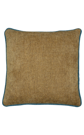 Vierkant kussen in beige fluweel met petrolblauw gedraaid vlechtwerk 45 x 45