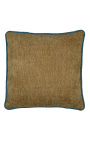 Coussin carré en velours couleur beige avec galon torsadé bleu pétrole 45 x 45