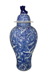 Dekorative Urne-typ vase "Drachen" in blau emaillierter keramik, medium modell