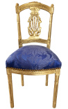 Harp chair with blue Gobelins satin fabric and gold wood