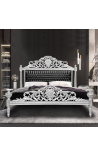 Baroque bed leatherette black with rhinestones and silver wood