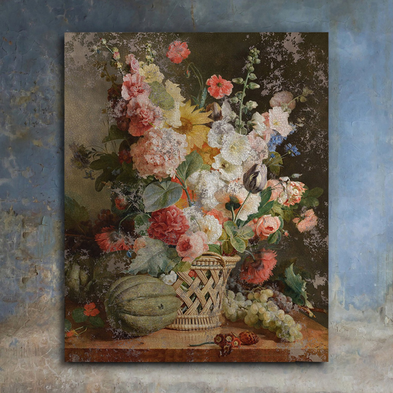 A basket of flowers with a tazza on a wooden ledge oil painting