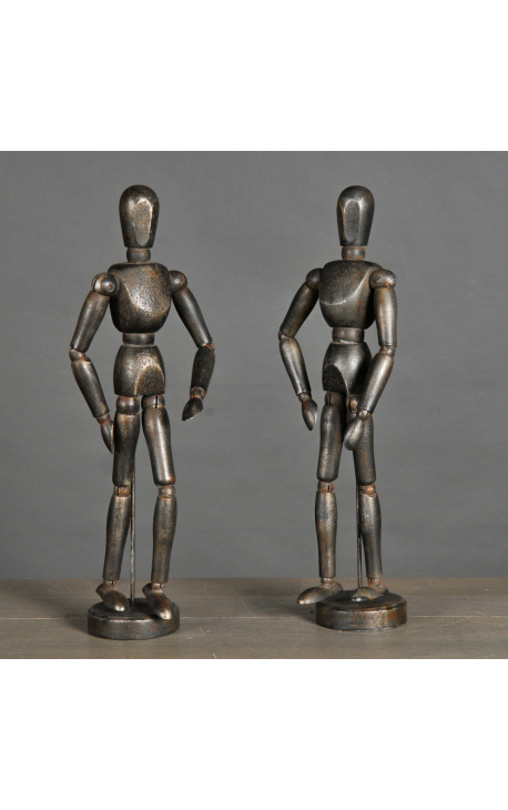 Conjunto de 2 manequins de desenho articulado em madeira enegrecida